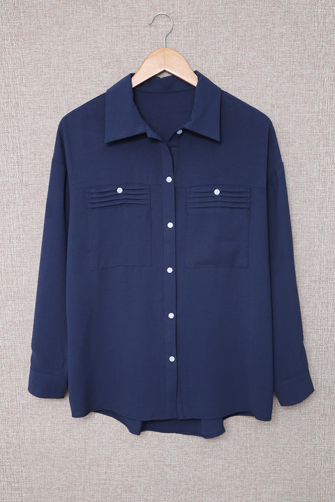 Solid Pocket Long Sleeve Button-up Shirt