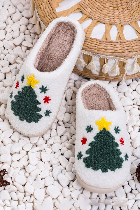 Zapatillas de casa blancas con estampado de árbol de Navidad borroso 