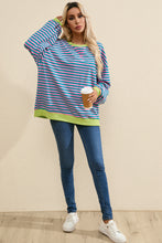 Green Stripe Oversized Contrast Trim Pullover Sweatshirt