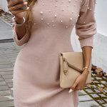 Apricot Pink Pearl Beaded High Neck Bodycon Sweater Dress