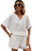 White Textured Split Neck Top and Drawstring Shorts Set