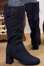 Navy Blue Suede Double Buckled Side Zipped Mid-calf Boots