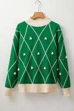 Dark Green Diamond Pattern Pom Accents Contrast Trim High Neck Sweater