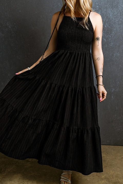 Black Spaghetti Straps Smocked Pleated Tiered Maxi Dress