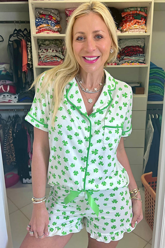 Green Clover Printed Short Sleeve and Ruffled Shorts Pajama Set