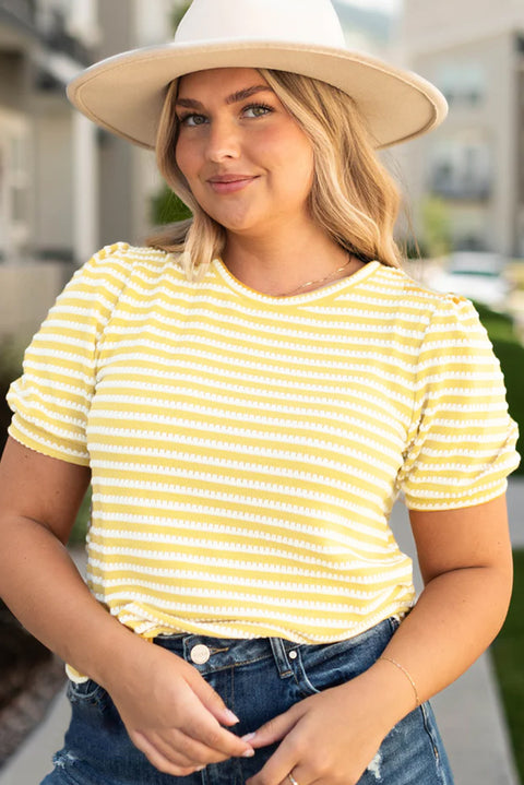 Yellow Stripe Short Puff Sleeve Plus Size Jumper