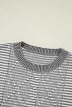 Gray Stripe Geometric Textured Drop Shoulder Sweater