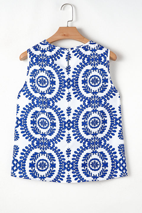 Blue Vintage Print Pintuck Crew Neck Tank Top