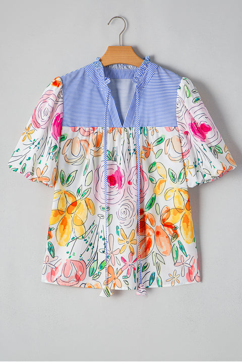 Multicolour Floral Print Striped Yoke Frilled V Neck Puff Short Sleeve Blouse