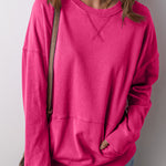 Rose Red Drop Shoulder Crisscross Stitching Pocketed Loose Sweatshirt