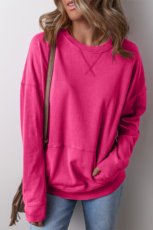 Rose Red Drop Shoulder Crisscross Stitching Pocketed Loose Sweatshirt