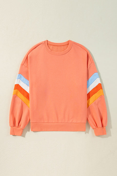 Flamingo Rainbow Striped Sleeve Crew Neck Loose Sweatshirt