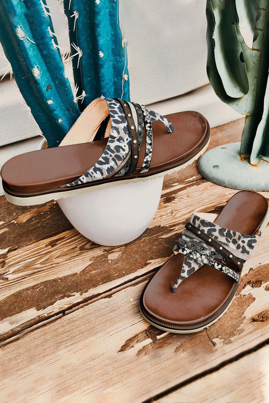 Studded Animal Print Flip Flop Sandals