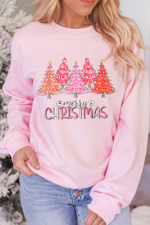 Pink Rhinestone Merry CHRISTMAS Christmas Tree Graphic Sweatshirt