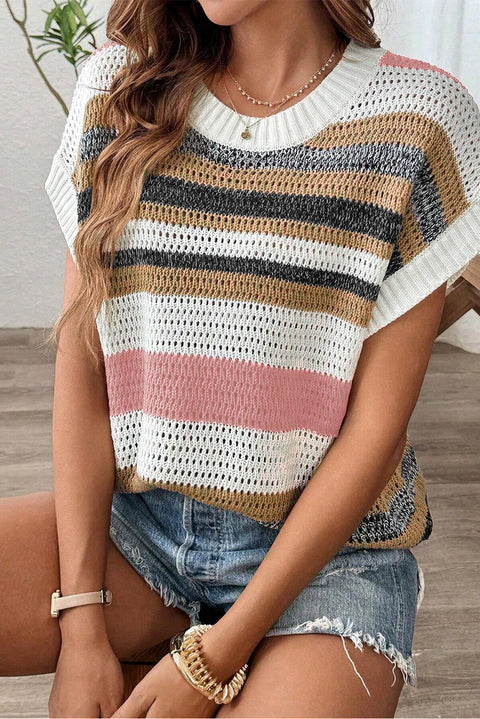 Pink Stripe Color Block Eyelet Knit Short Sleeve Sweater Tee