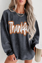 Gray Thankful Printed Drop Shoulder Corded Thanksgiving Sweatshirt