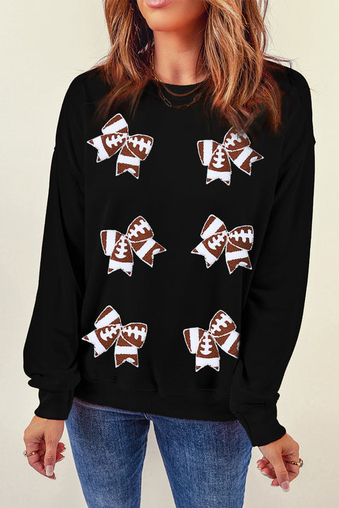 Black Rugby Football Bowknot Patched Crew Neck Game Day Sweatshirt