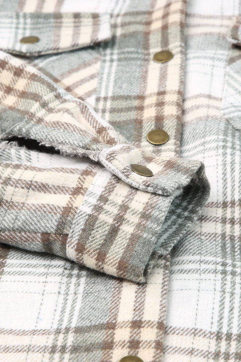 Khaki Plaid Pattern Sherpa Lined Hooded Shacket