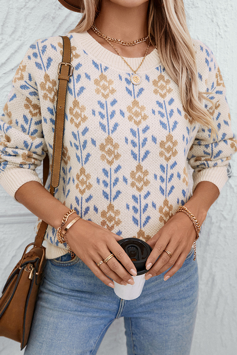 Apricot Floral Pattern Crew Neck Sweater