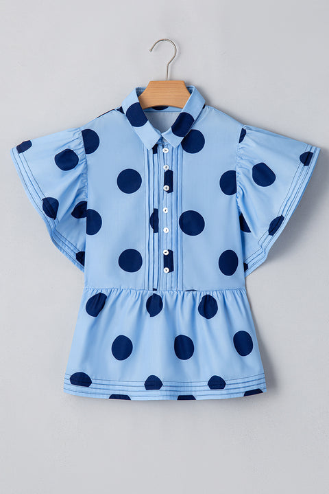 Sky Blue Polka Dot Print Ruffled Short Sleeve Buttoned Collared Blouse