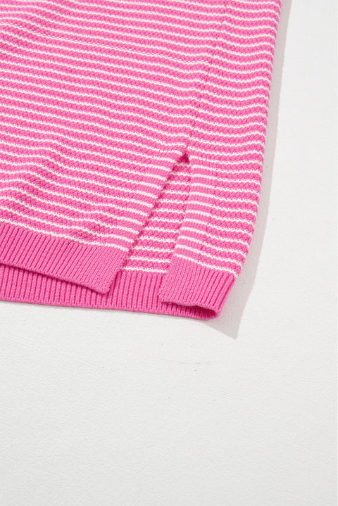 Pink Striped Scallop V Neck Loose Sweater with Slits