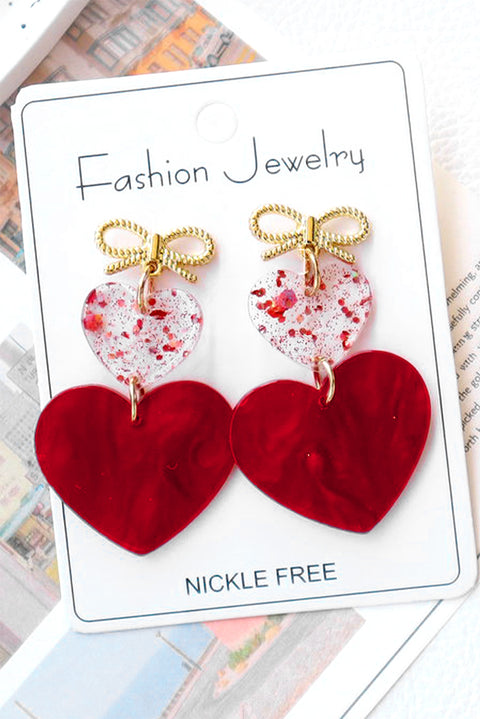 Fiery Red Bow Knot Heart Shape Dangle Earrings