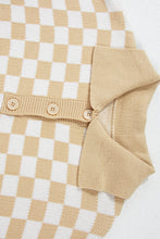 Apricot Checkered Buttons Collar V Neck Drop Shoulder Sweater