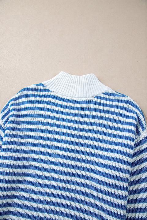 Sky Blue Stripe Zip up Collar Drop Shoulder Sweater