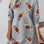 Gray Sequin Rugby Football Graphic Textured Long Sleeve Shift Mini Dress