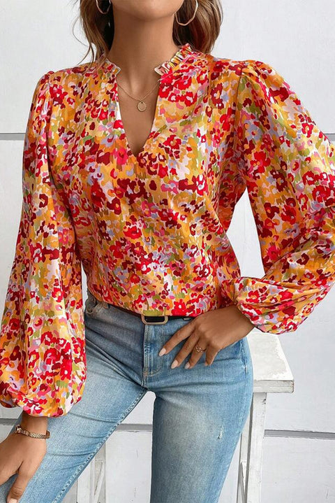 Grapefruit Orange Frilled Split Neck Bubble Sleeve Floral Blouse