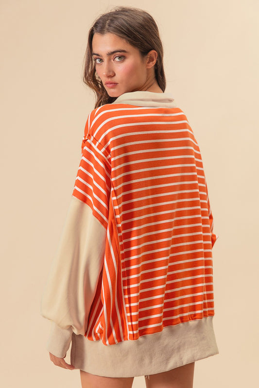 Orange Stripe Color Block Loose Fit Collared Drop Shoulder Sweatshirt