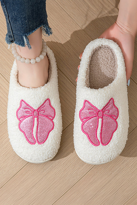 White Cute Bowknot Pattern Plush Valentines Slippers