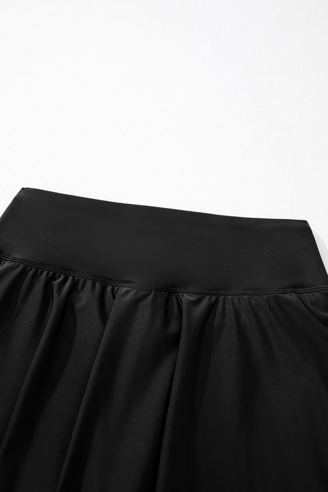 Black Solid Pocketed Crossover High Waist Swim Skort