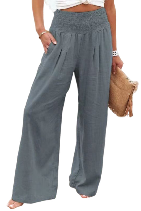 Khaki Smocked Wide Waistband High Waist Wide Leg Pants