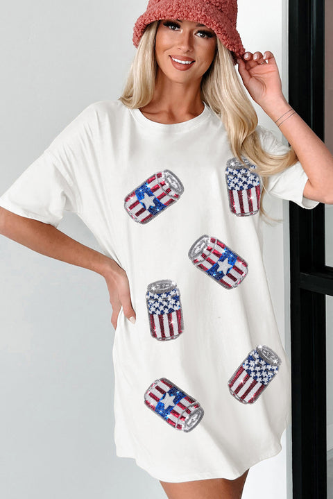 White Sequin American Flag Can Oversized Graphic Tee