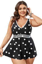 Black Polka Dot/Colorblock Trim V Neck Plus Size Swim Dress