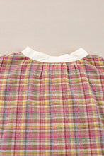 Pink Colorblock Plaid Patchwork Henley Blouse