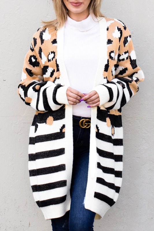 Brown Leopard Striped Mixed Print Open Front Cardigan