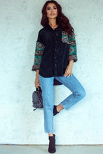 Aztec Pattern Sleeve Pocketed Corduroy Shacket