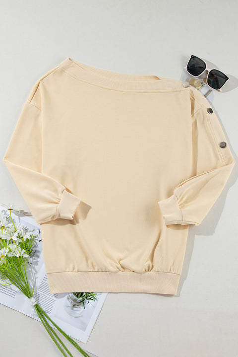 Beige Buttoned Sleeve Dropped Shoulder Sweatshirt