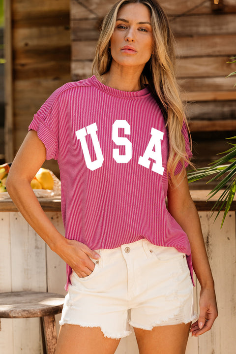 Rose Red Textured USA Graphic T Shirt