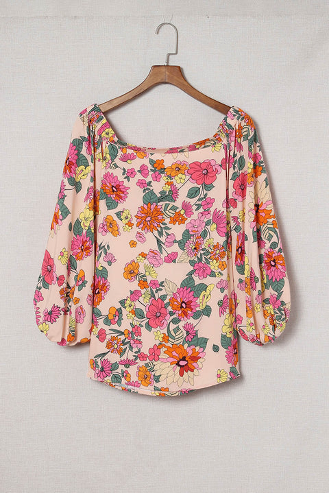 Water Painting Flowers Puff Sleeve Blouse