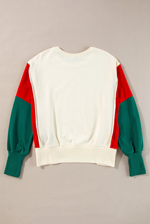 Apricot Christmas Tinsel Star Side Slits Colorblock Sweatshirt