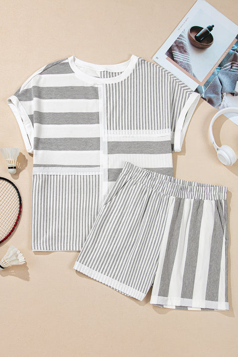 Gray Stripe Mixed Print Short Sleeve Top and Pocketed Shorts Set