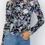 Black Floral Print Mesh Fitted Long Sleeve Top