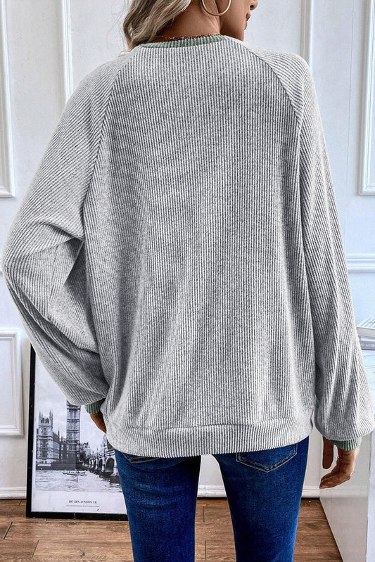 Light Grey Color Contrast Ribbed Loose Fit Long Sleeve Top