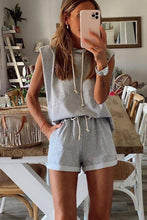 Gray Drawstring Sleeveless Hoodie and Shorts Set