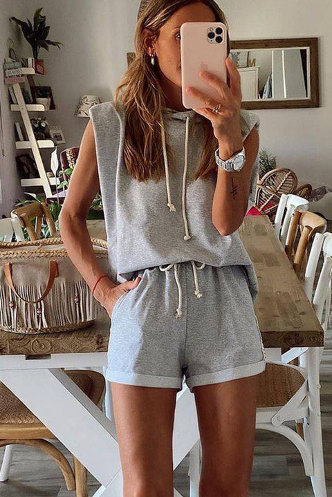 Gray Drawstring Sleeveless Hoodie and Shorts Set