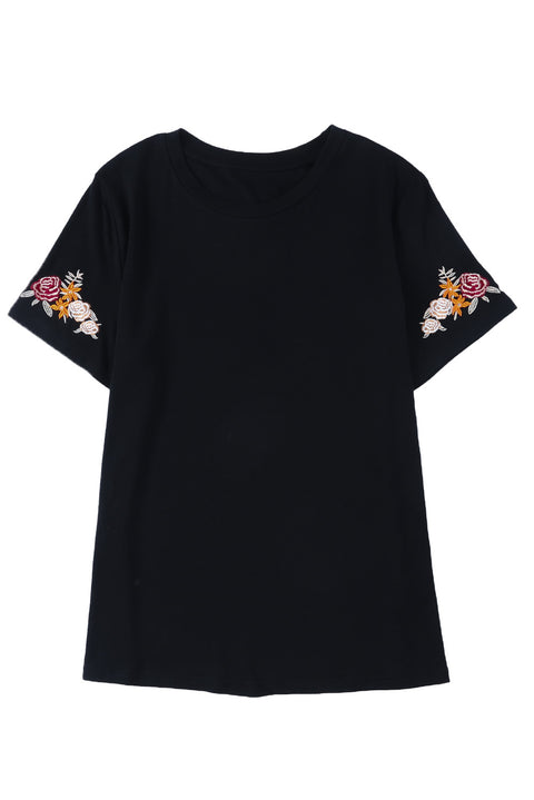 Camiseta de manga corta con cuello redondo y bordado floral 