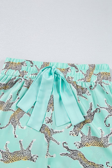 Green Leopard Satin Ruffle Pajama Short Set